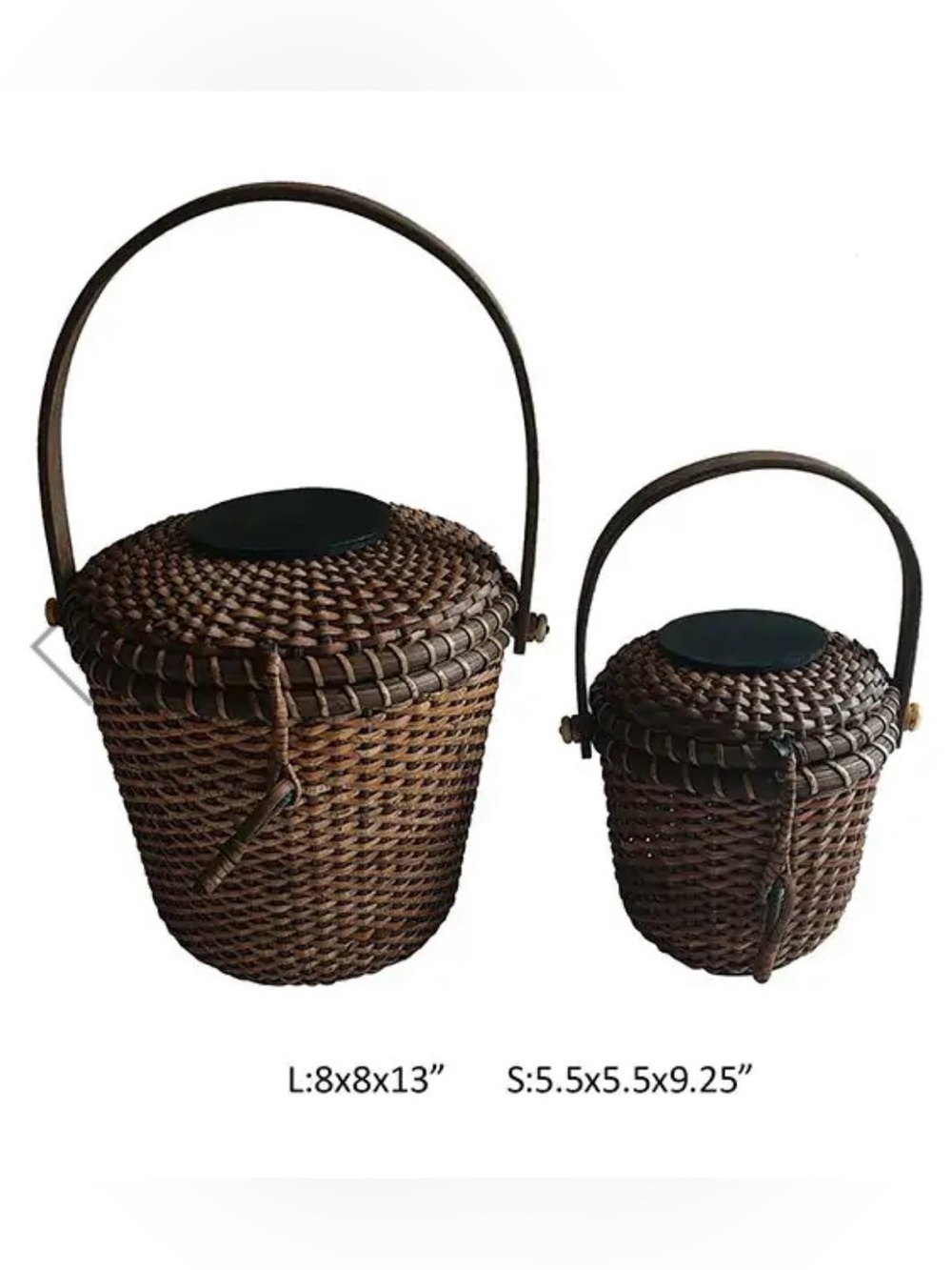 Set of 2 Nantucket Style Baskets - Woven Rattan Basket Tote - Brown Handled Set